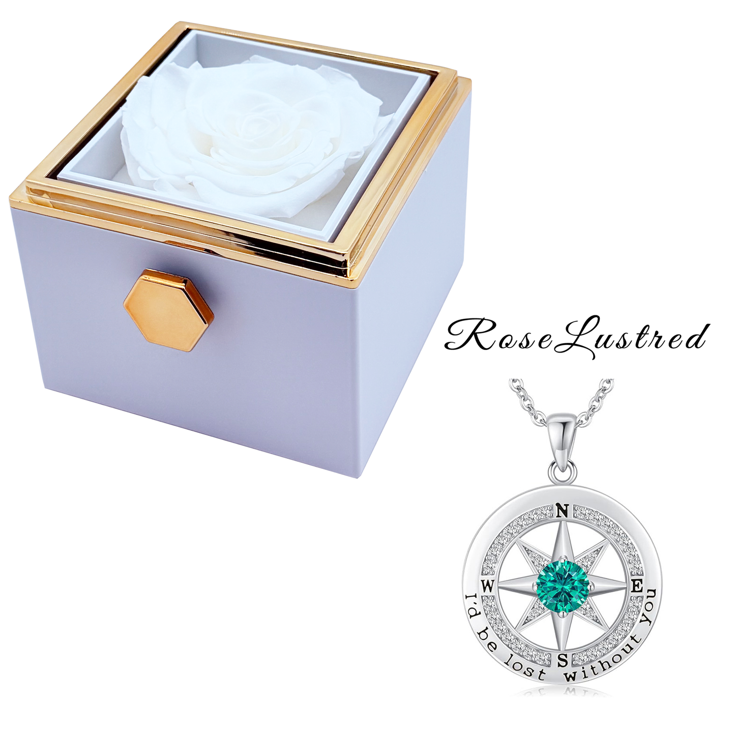 Eternal Rose - Eternal Rotating Flower Box with Birthday month Compass Necklace · Romantic Gift Box