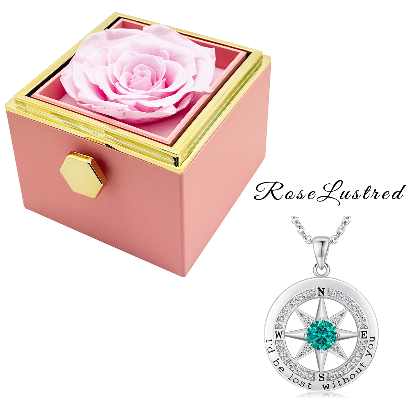 Eternal Rose - Eternal Rotating Flower Box with Birthday month Compass Necklace · Romantic Gift Box