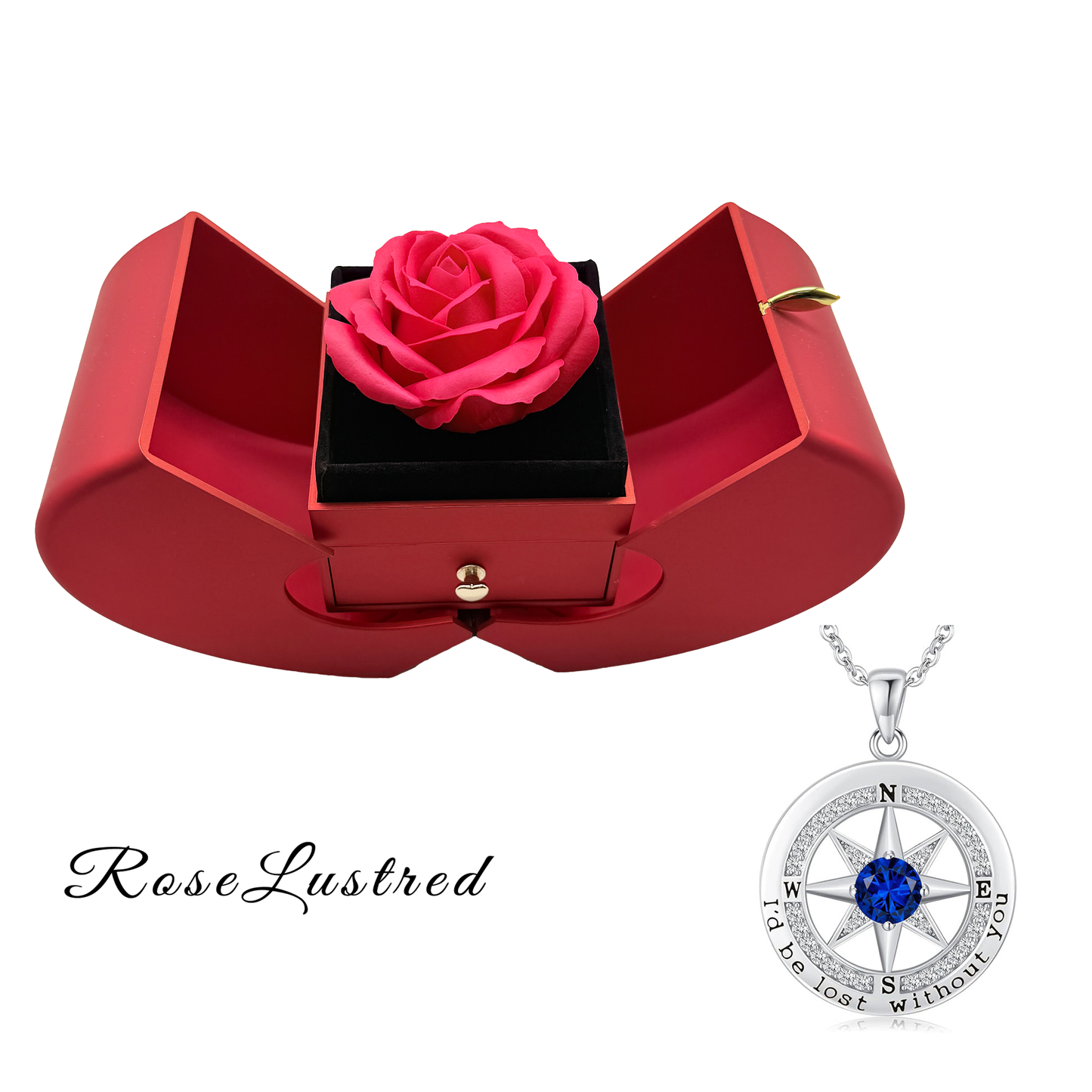 Soap Flower Apple Jewelry Box with Birthday month Compass Necklace · Romantic Gift Box