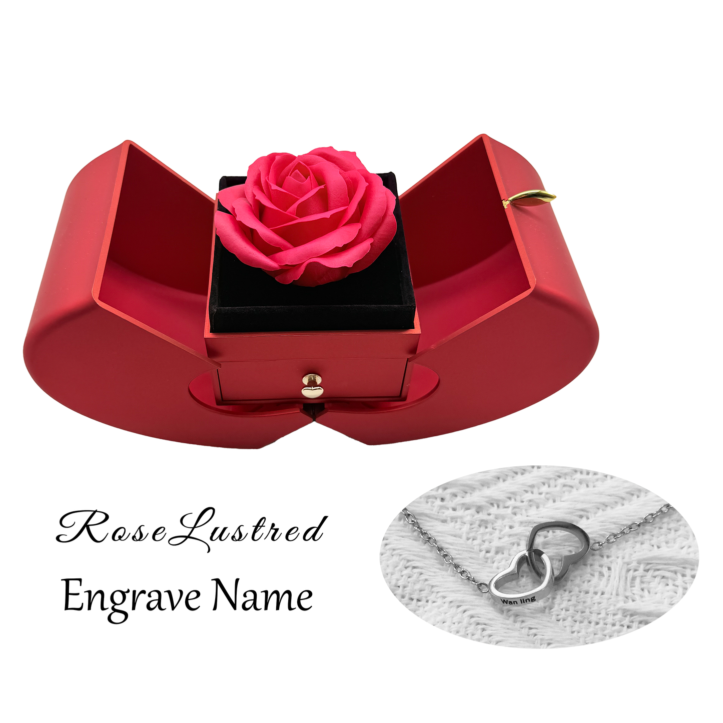 Soap Flower Apple Jewelry Box with Custom Engraved Necklace · Romantic Gift Box