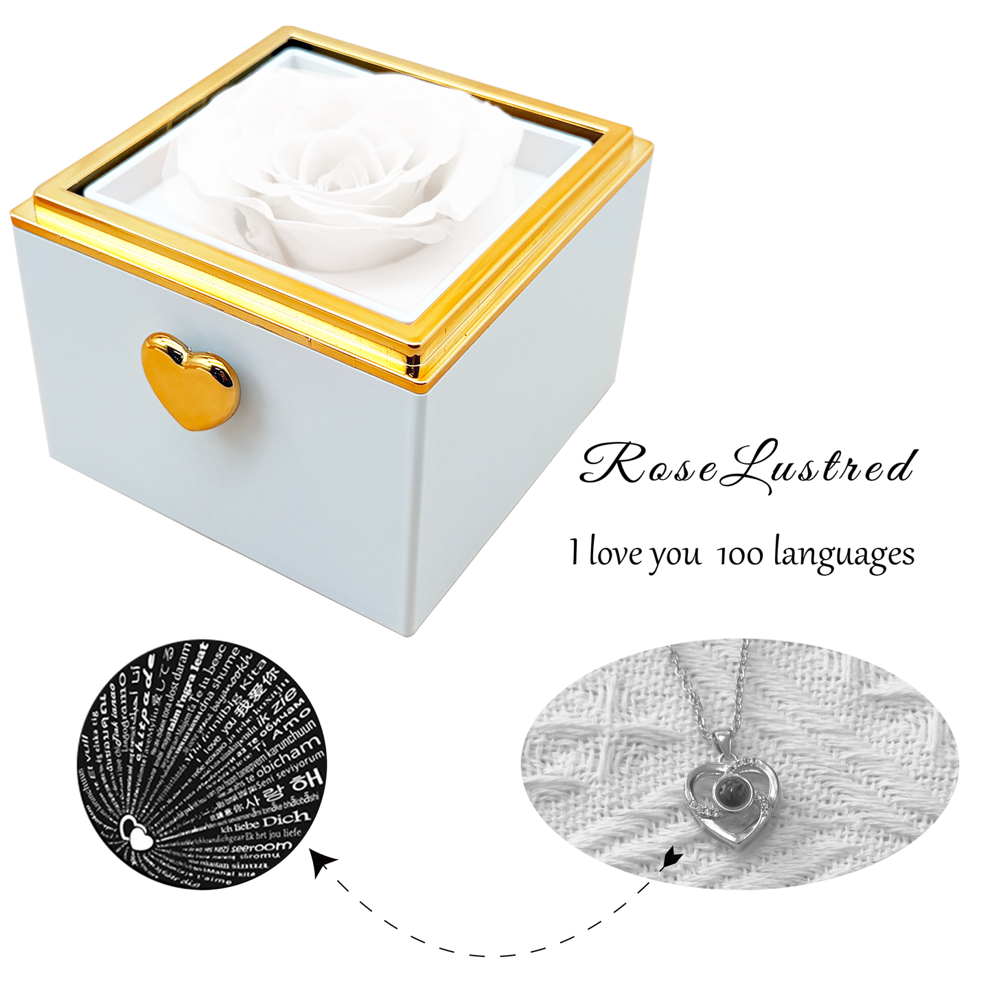 Boîte à fleurs Éternelle Rose-Éjection avec "Je t'aime" en 100 langues Collier · Coffret Cadeau Romantique