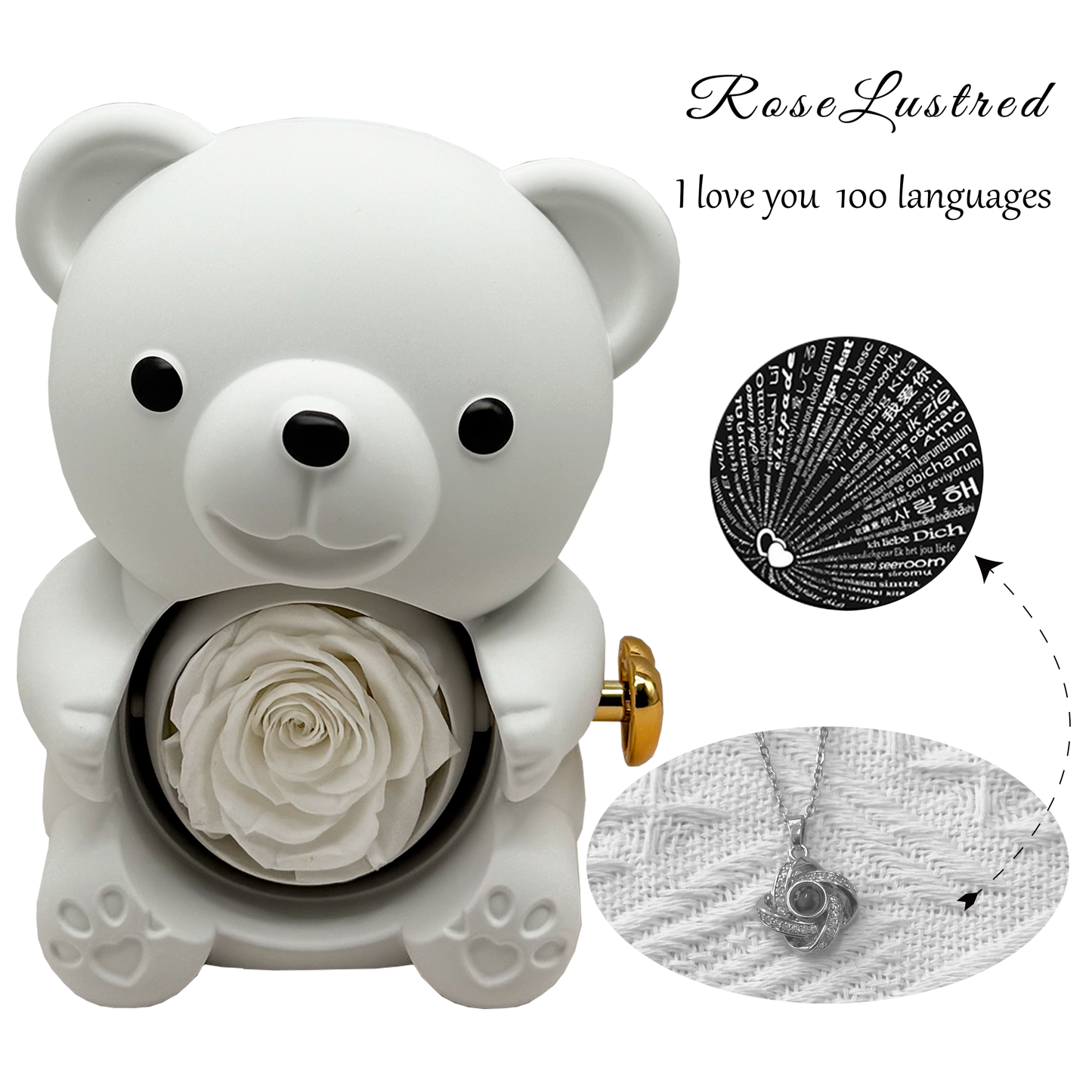 Eternal Rose Bear with Love you in 100 languages Necklace · Romantic Gift Box