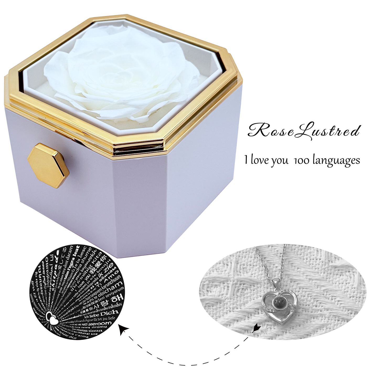 Eternal Flower Octagonal Flower Box with Love you in 100 languages Necklace· Romantic Gift Box