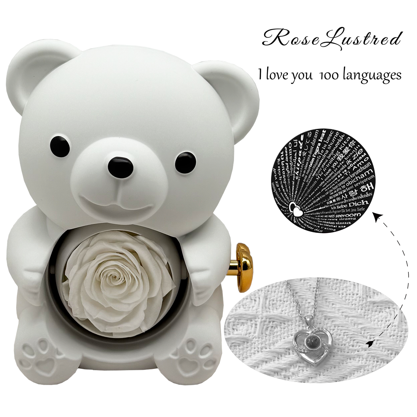 Eternal Rose Bear with Love you in 100 languages Necklace · Romantic Gift Box