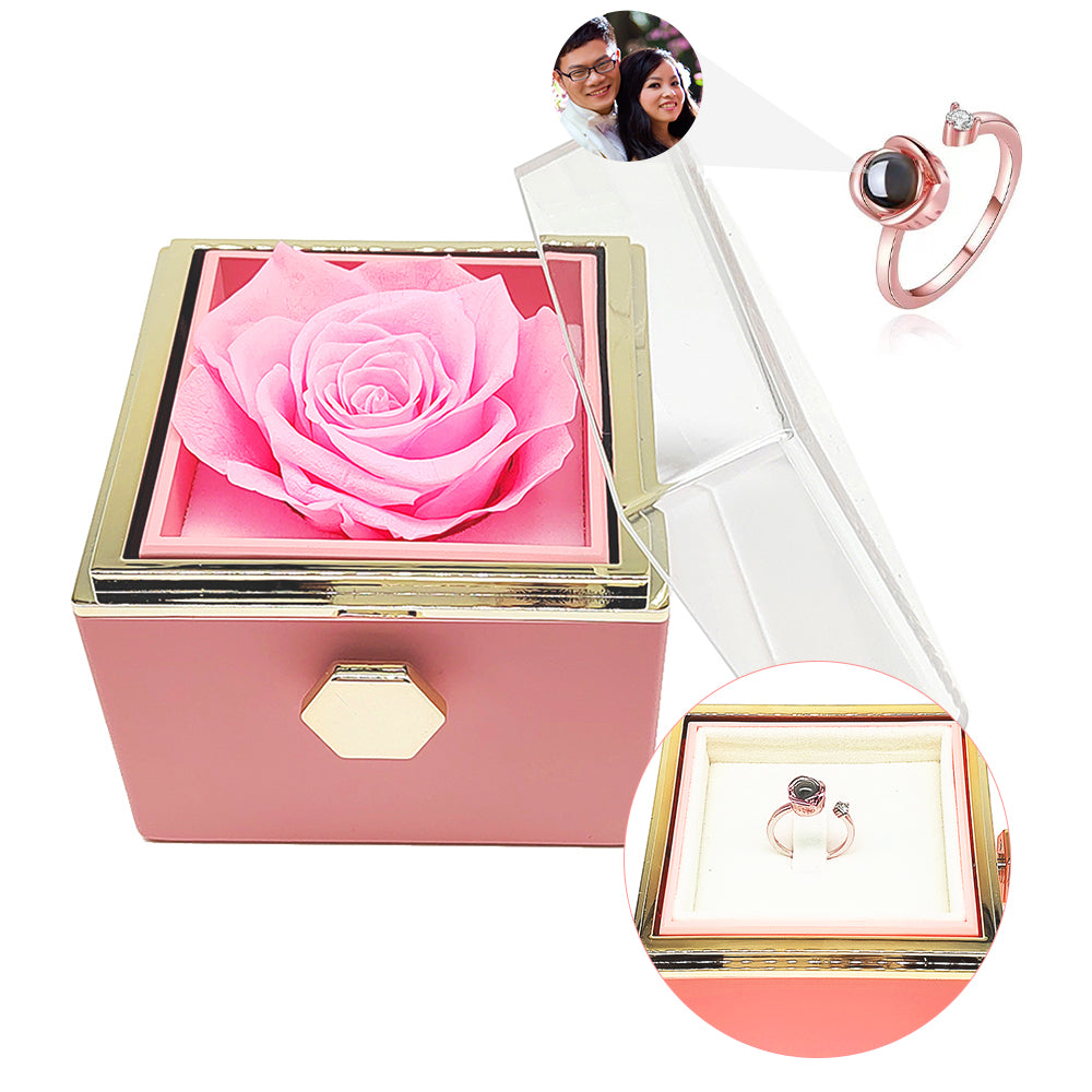 100 Languages I Love You Custom Photo Projection Ring With Rotating Rose box