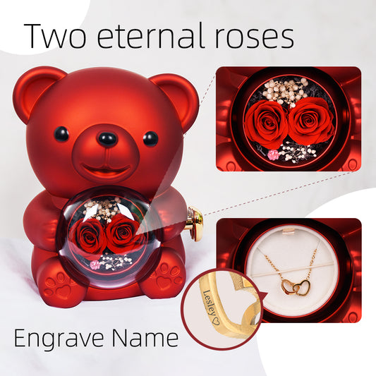 2025 New custom engraved name necklace two eternal roses teddy bear female gift birthday, Valentine's Day, Mother's Day gift