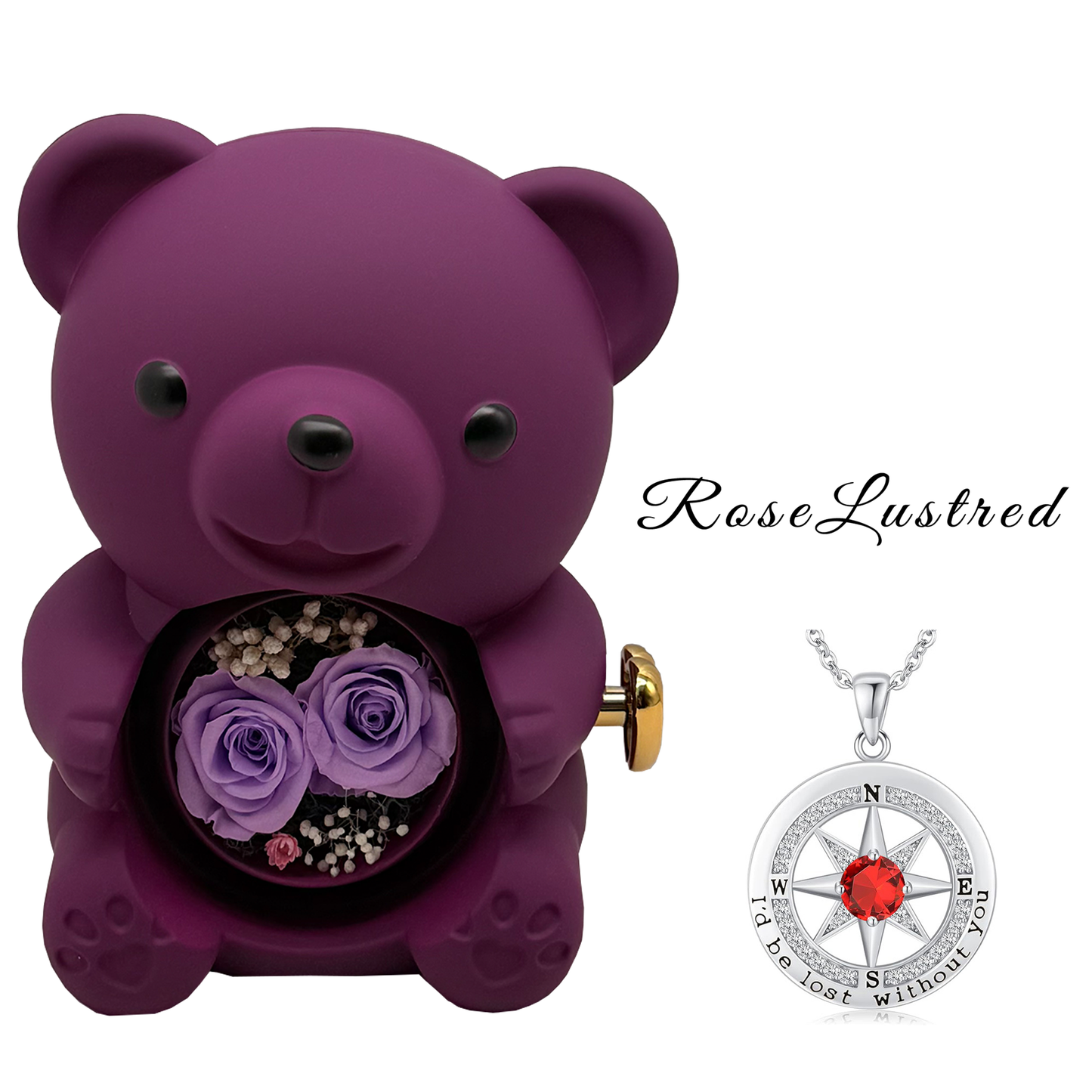 Eternal Rose Bear with  Birthday month Compass Necklace · Romantic Gift Box