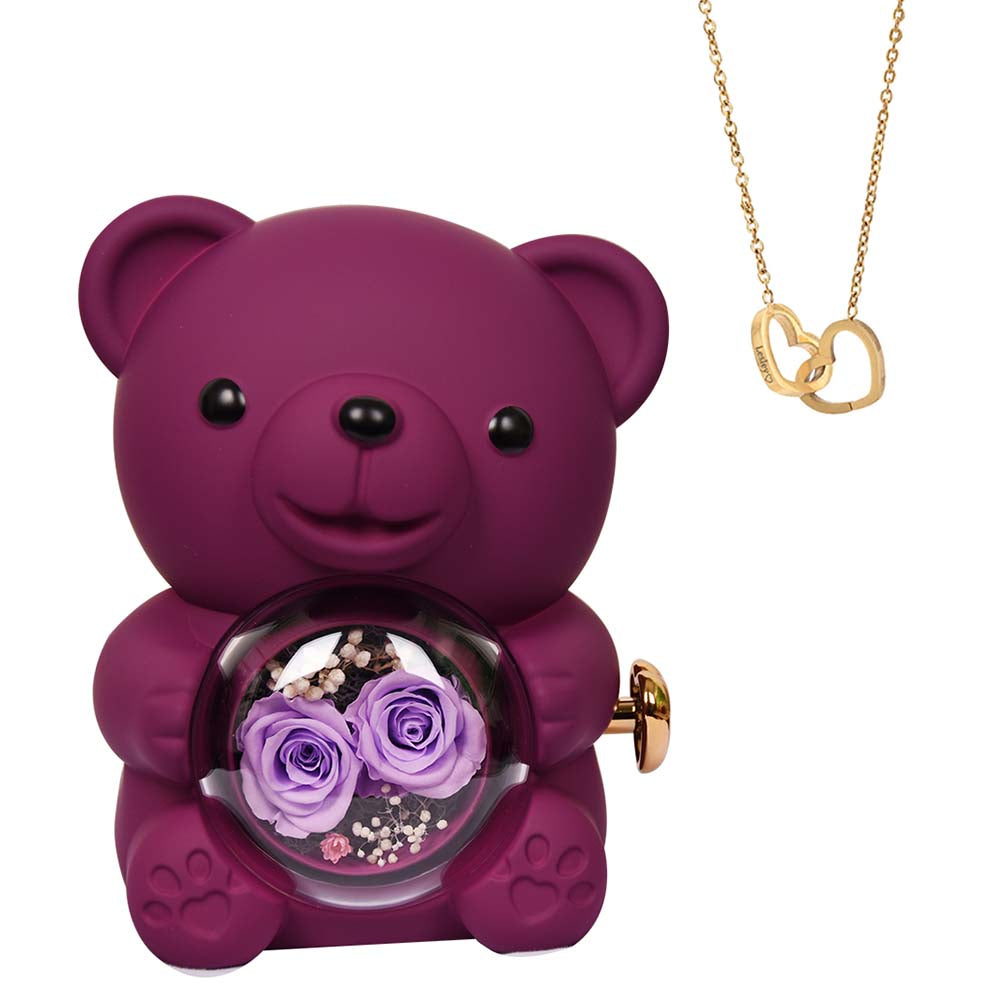 2025 New custom engraved name necklace two eternal roses teddy bear female gift birthday, Valentine's Day, Mother's Day gift