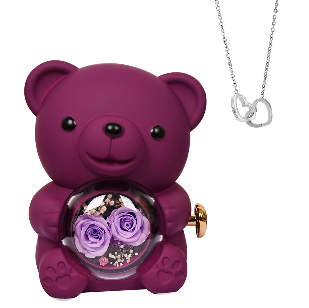 2025 New custom engraved name necklace two eternal roses teddy bear female gift birthday, Valentine's Day, Mother's Day gift