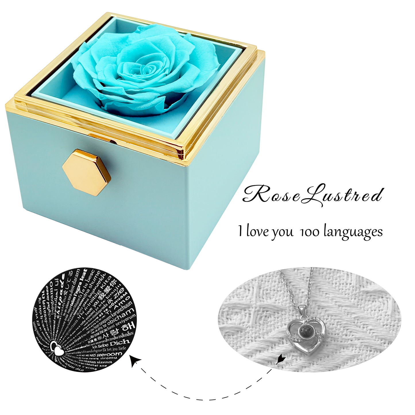 Eternal Rose - Eternal Rotating Flower Box with Love you in  100 languages Necklace · Romantic Gift Box