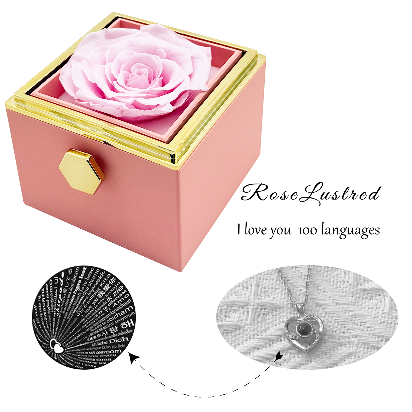 Eternal Rose - Eternal Rotating Flower Box with Love you in  100 languages Necklace · Romantic Gift Box