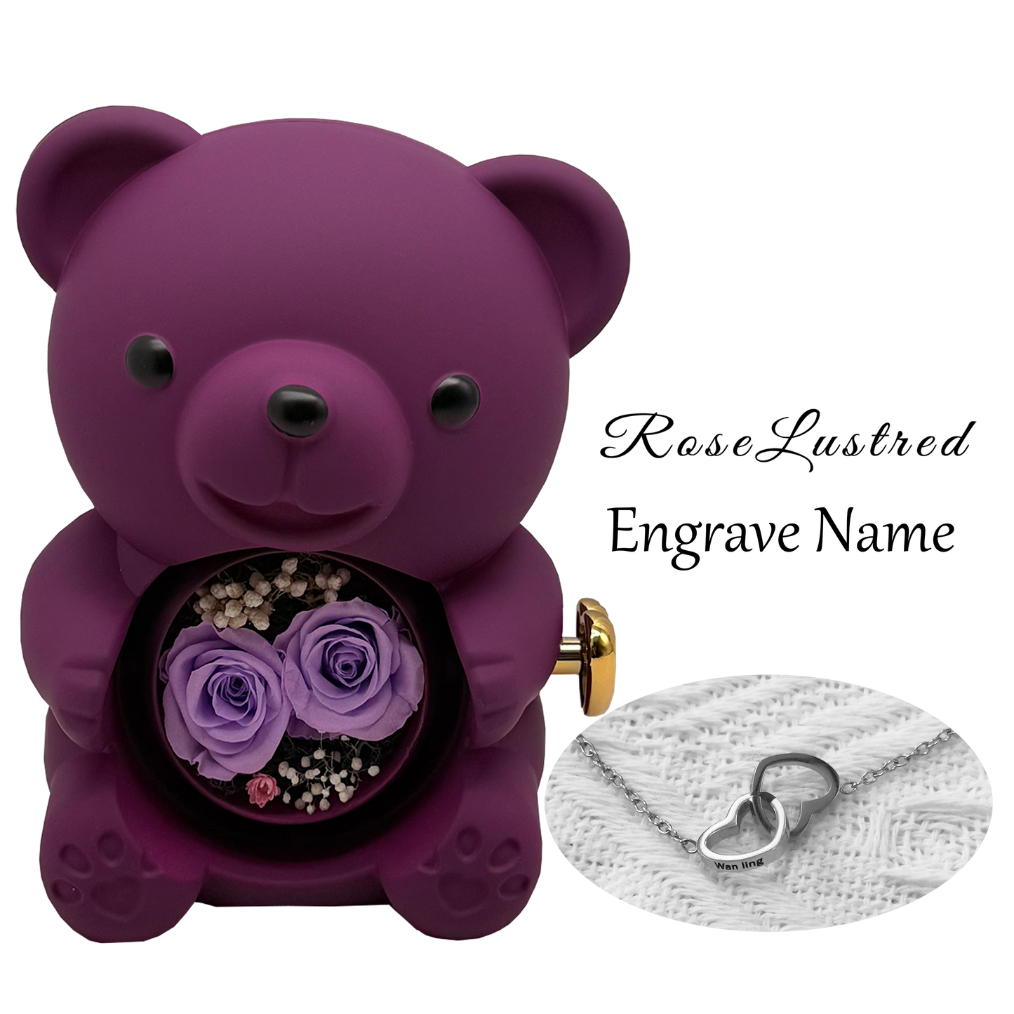 Eternal Rose Bear with heart love Custom Engraved Necklace · Romantic Gift Box