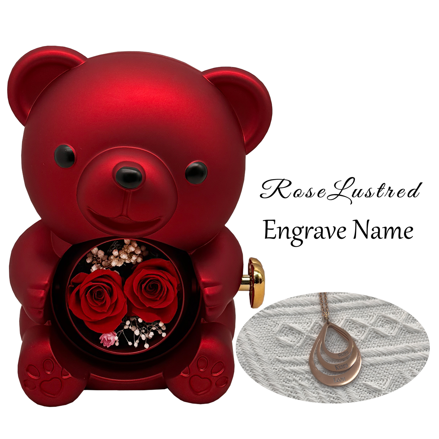 Eternal Rose Bear with  Custom Engraved Necklace · Romantic Gift Box