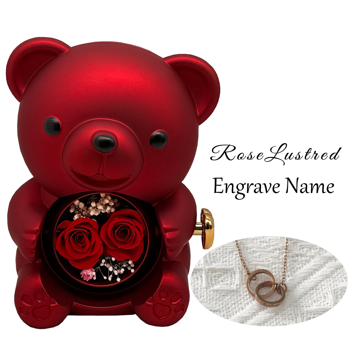 Eternal Rose Bear with Custom Engraved Necklace · Romantic Gift Box