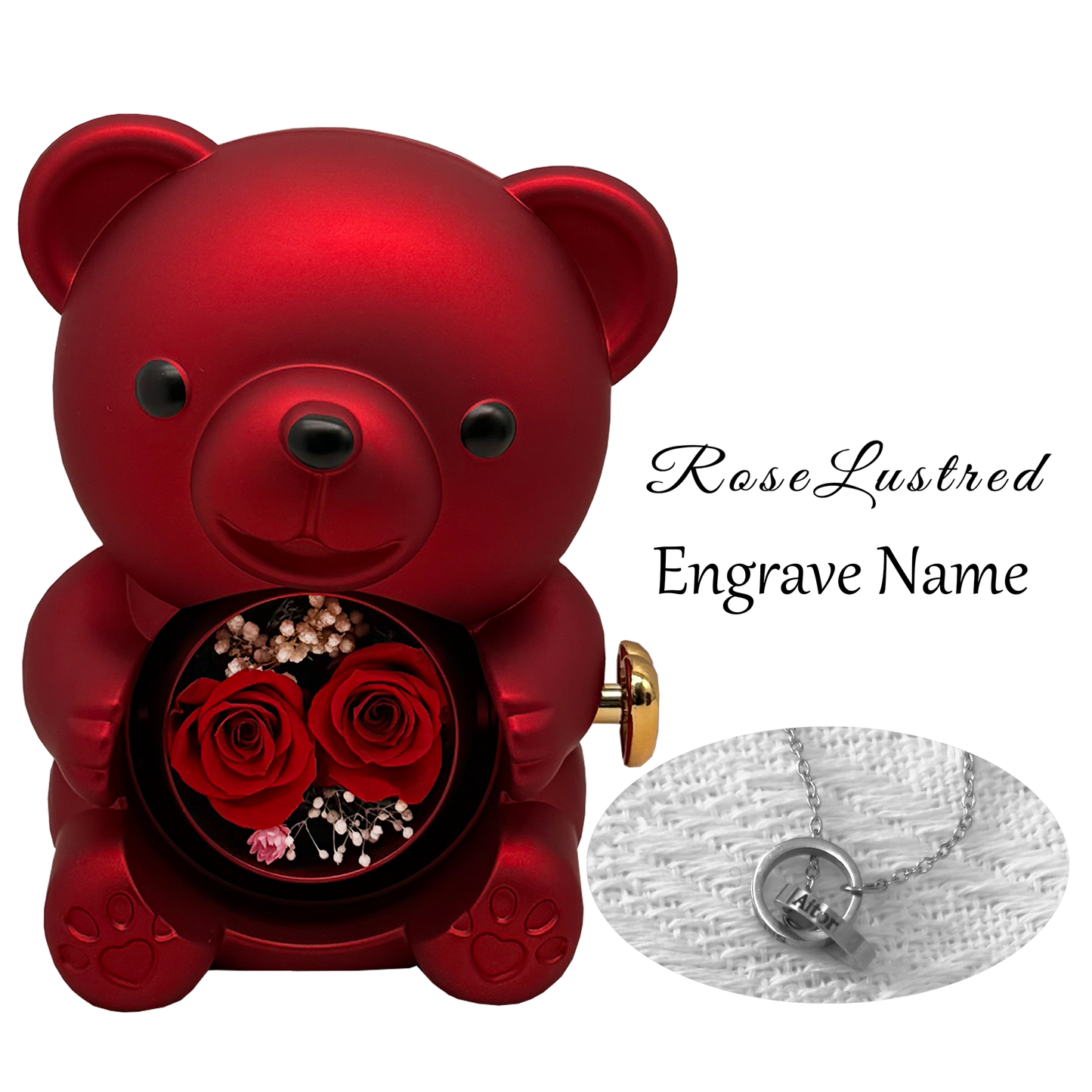 Eternal Rose Bear with Custom Engraved Necklace · Romantic Gift Box