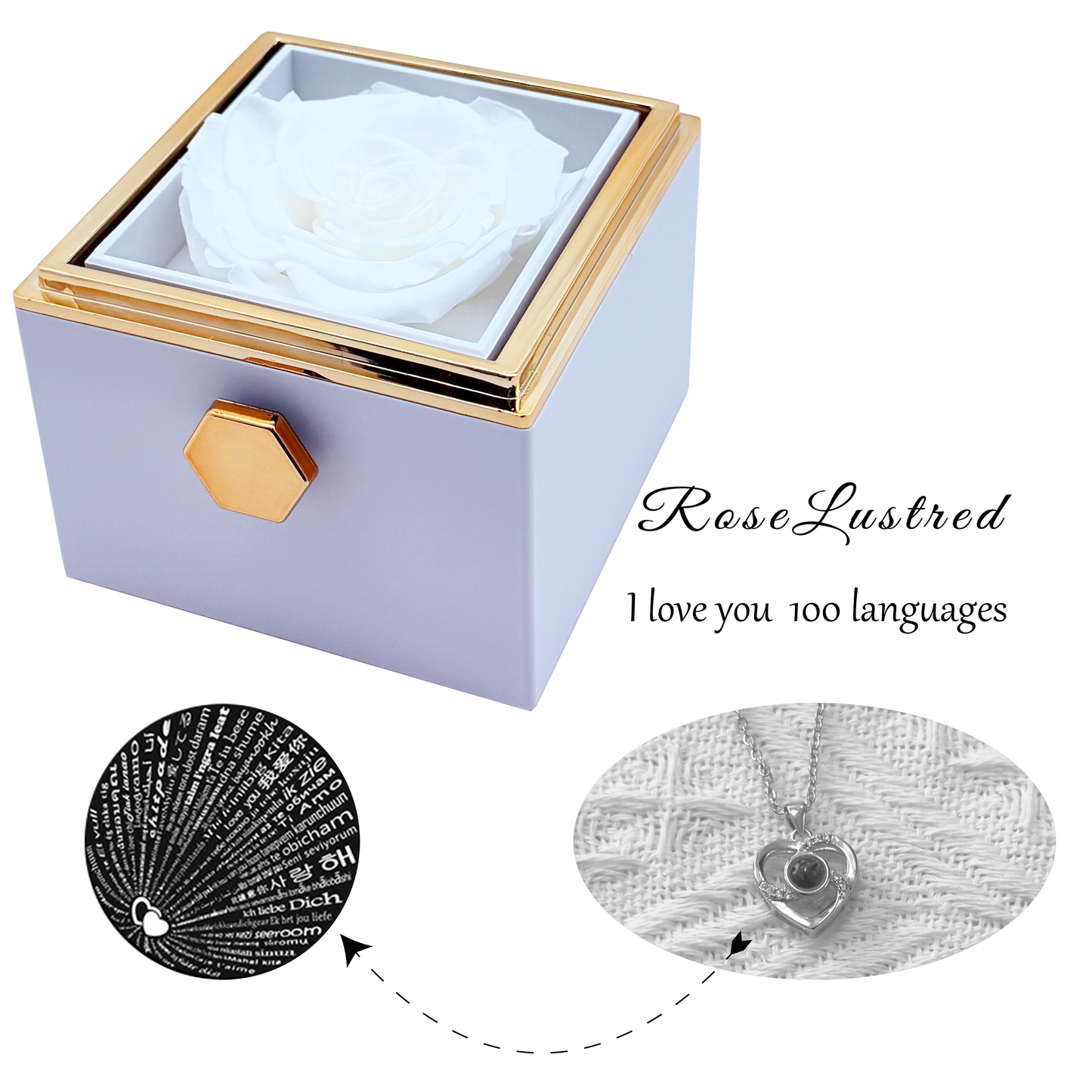 Eternal Rose - Eternal Rotating Flower Box with Love you in  100 languages Necklace · Romantic Gift Box